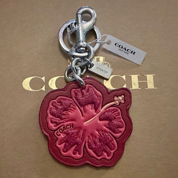 SUPER RARE Coach Leather Glittered Hibiscus Flower Keychain Fob Bag Charm - Picture 2 of 8